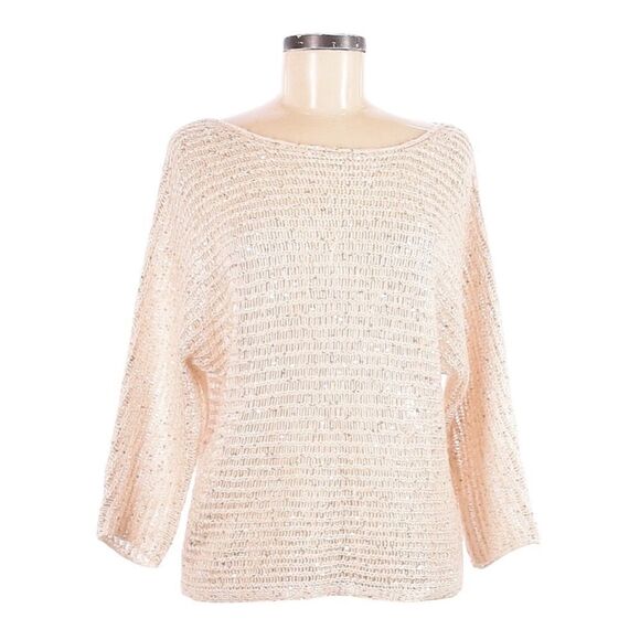 Ann Taylor Sequin Loose Knit Champagne Lurex Dolman Sweater Size M Wool Blend - Picture 1 of 9